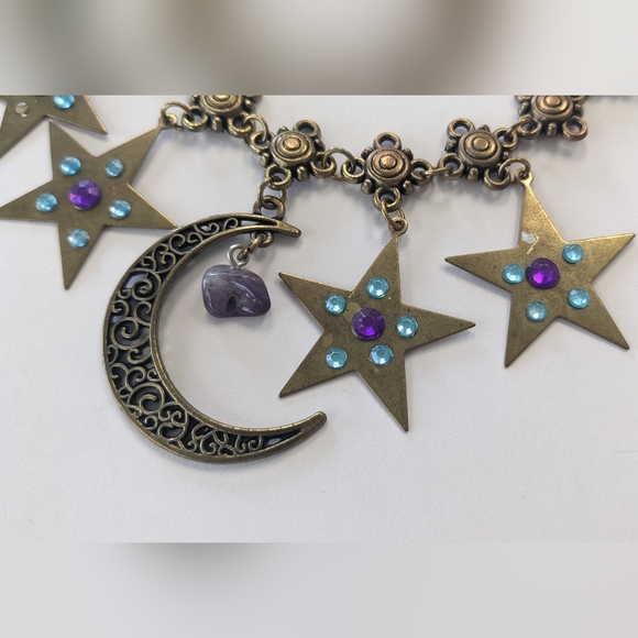 VTG METAL BRONZE/GOLD TONE MOON & STARS NATURAL GEM STONE NECKLACE - Picture 6 of 13